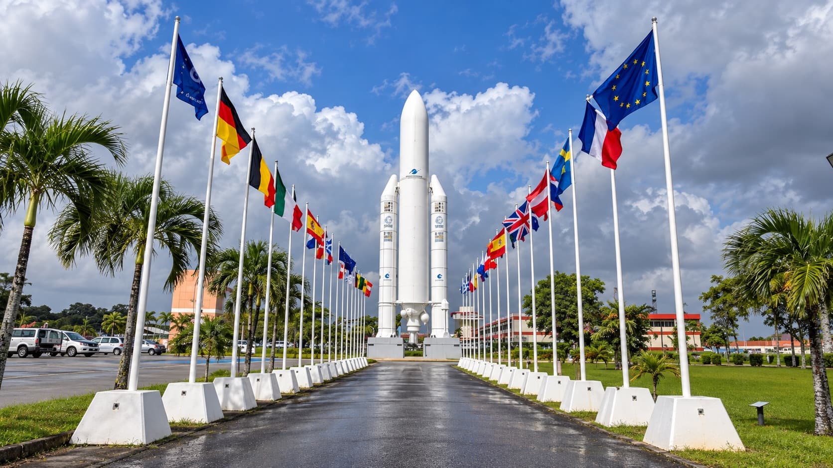 Une allée bordée de drapeaux et de palmiers mène à une fusée blanche dressée, en Guyane.