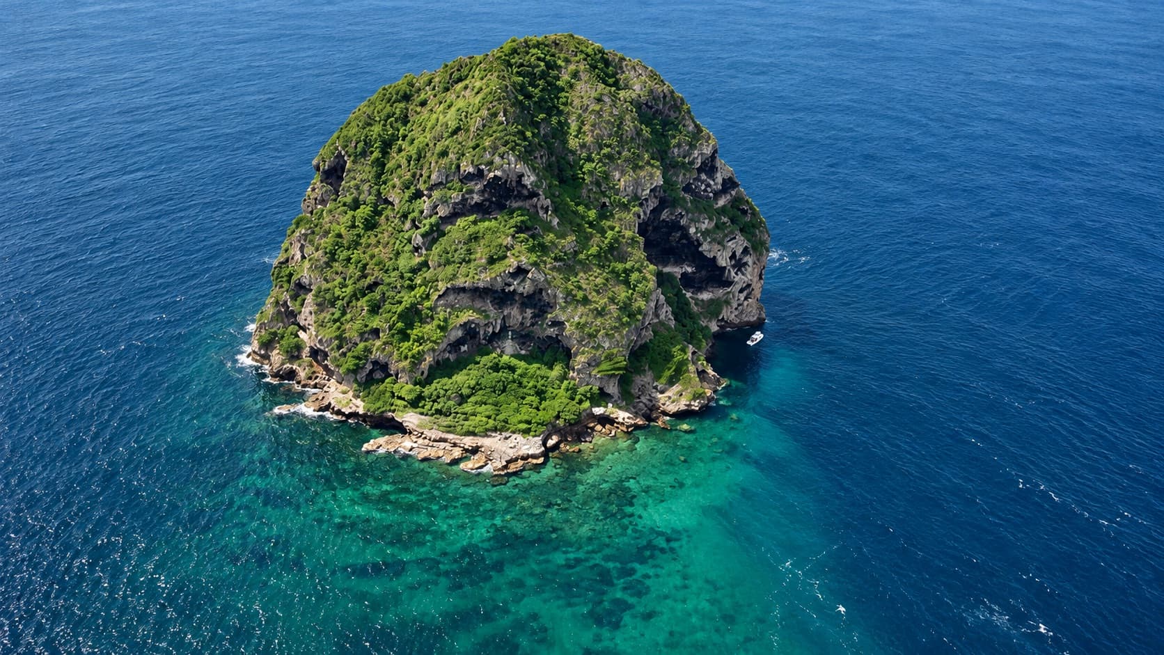Vue aérienne d’un îlot rocheux couvert de végétation, posé sur une mer bleu turquoise, au large de la Martinique.