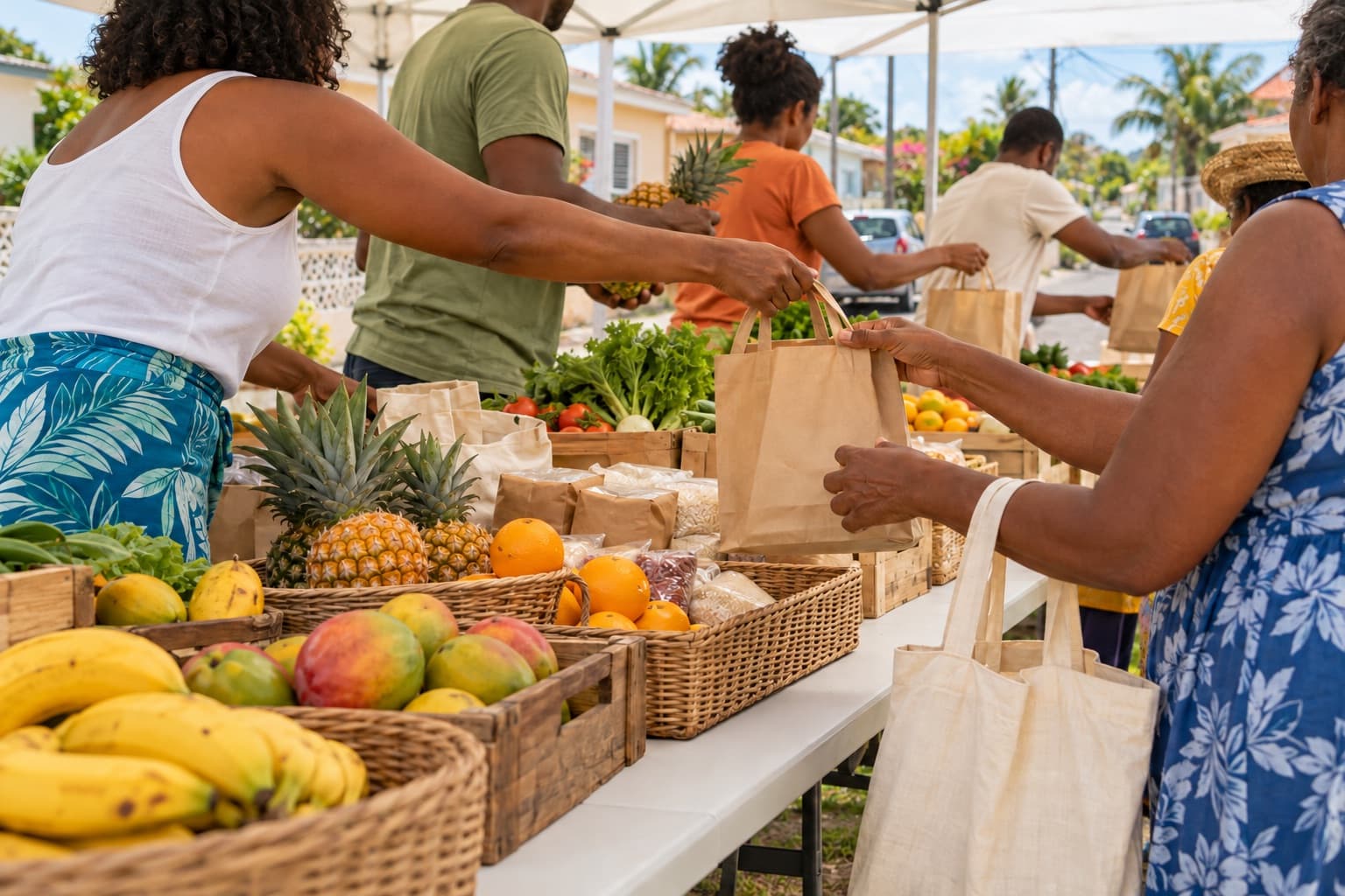 Des bénévoles et des habitants échangent des sacs de provisions autour d’une table de fruits et de légumes, sous un barnum, en plein air.