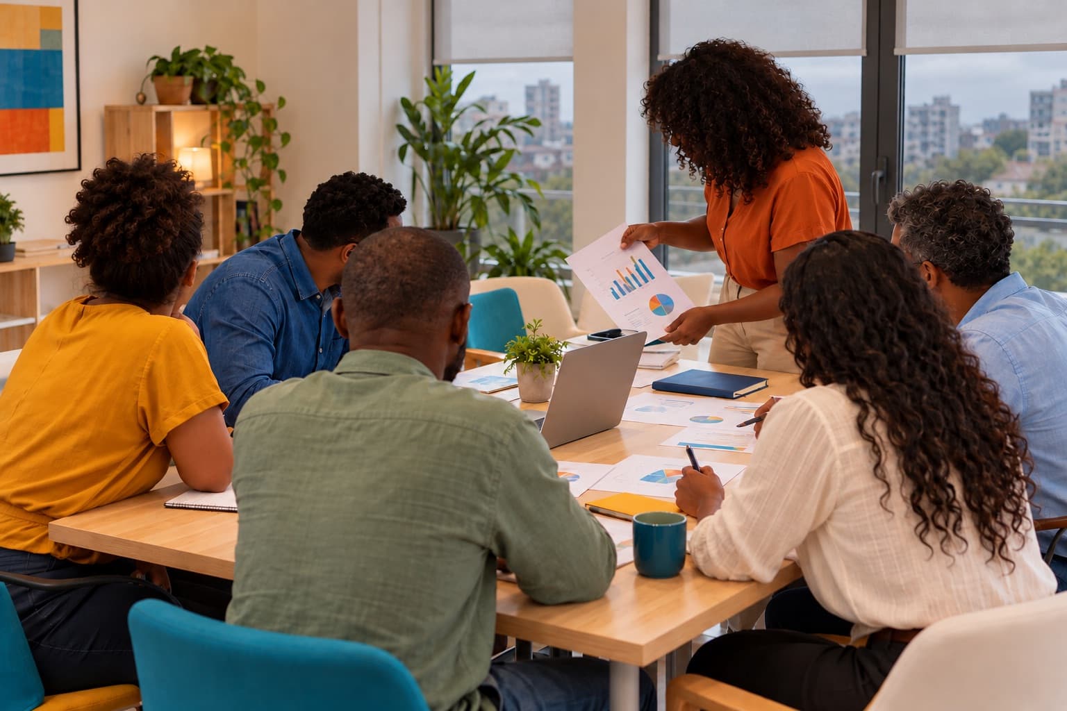 Une équipe réunie autour d’une table de travail : plusieurs personnes discutent devant des documents et un ordinateur portable, l’une montre une feuille aux autres.
