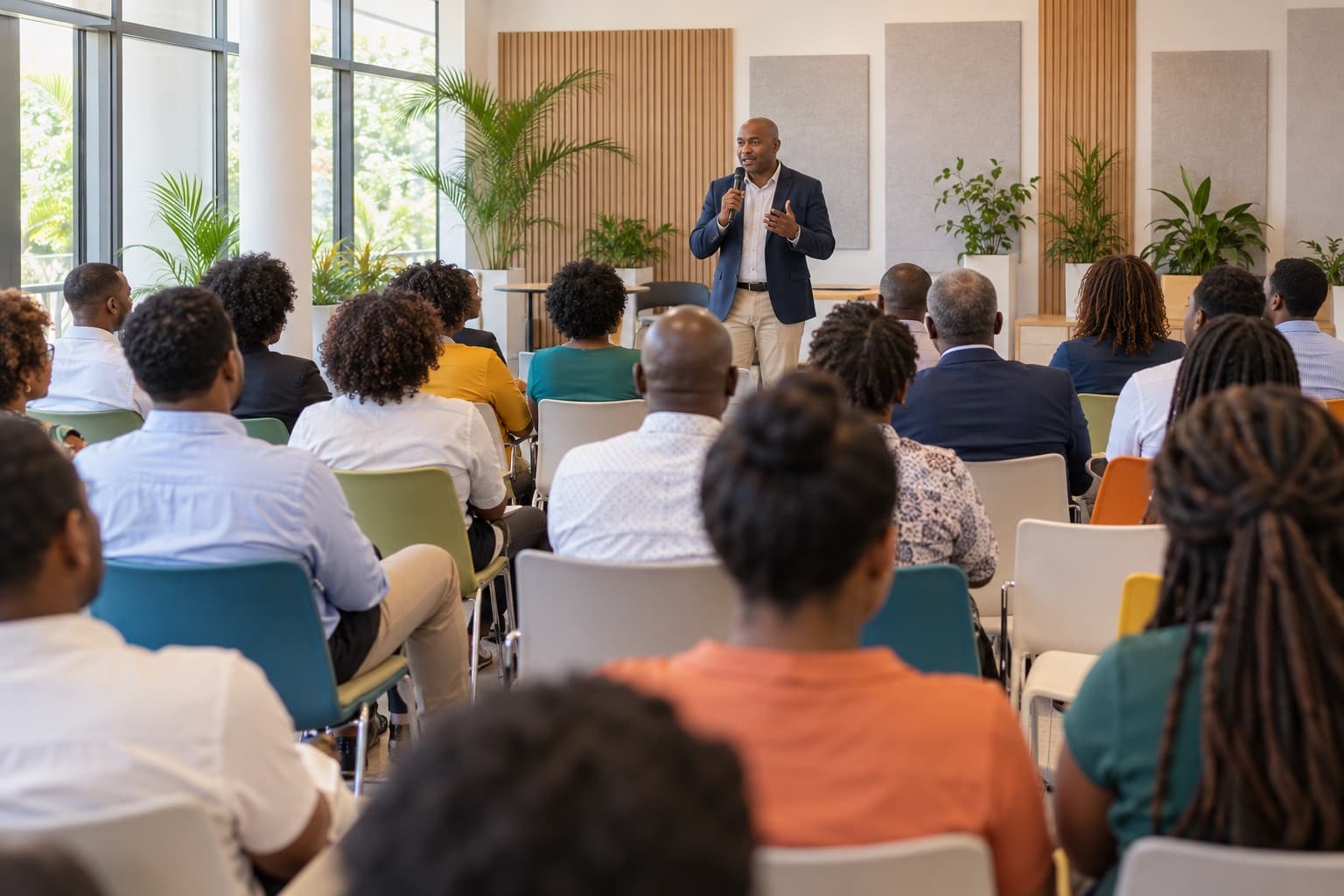Un intervenant s’adresse à un public assis dans une salle de conférence claire.