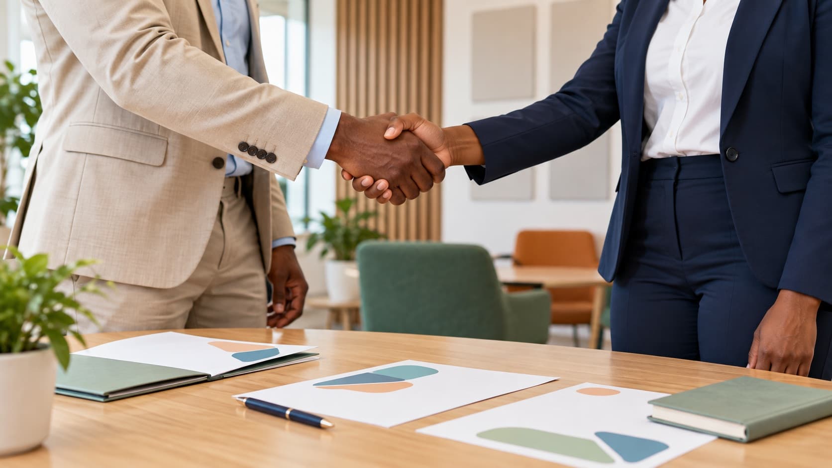 Une poignée de main entre deux personnes en tenue de travail, au-dessus d’une table où sont posés des documents.