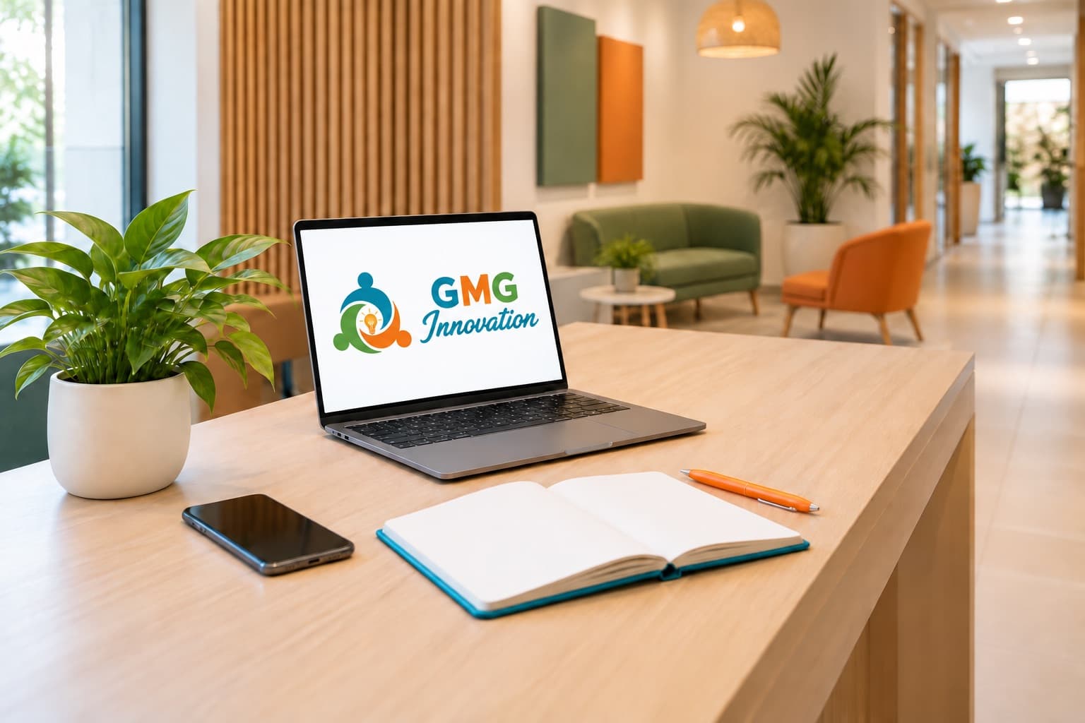 Un bureau d’accueil lumineux avec un ordinateur portable qui affiche le logo de GMG Innovation, un téléphone, un carnet et une plante verte.