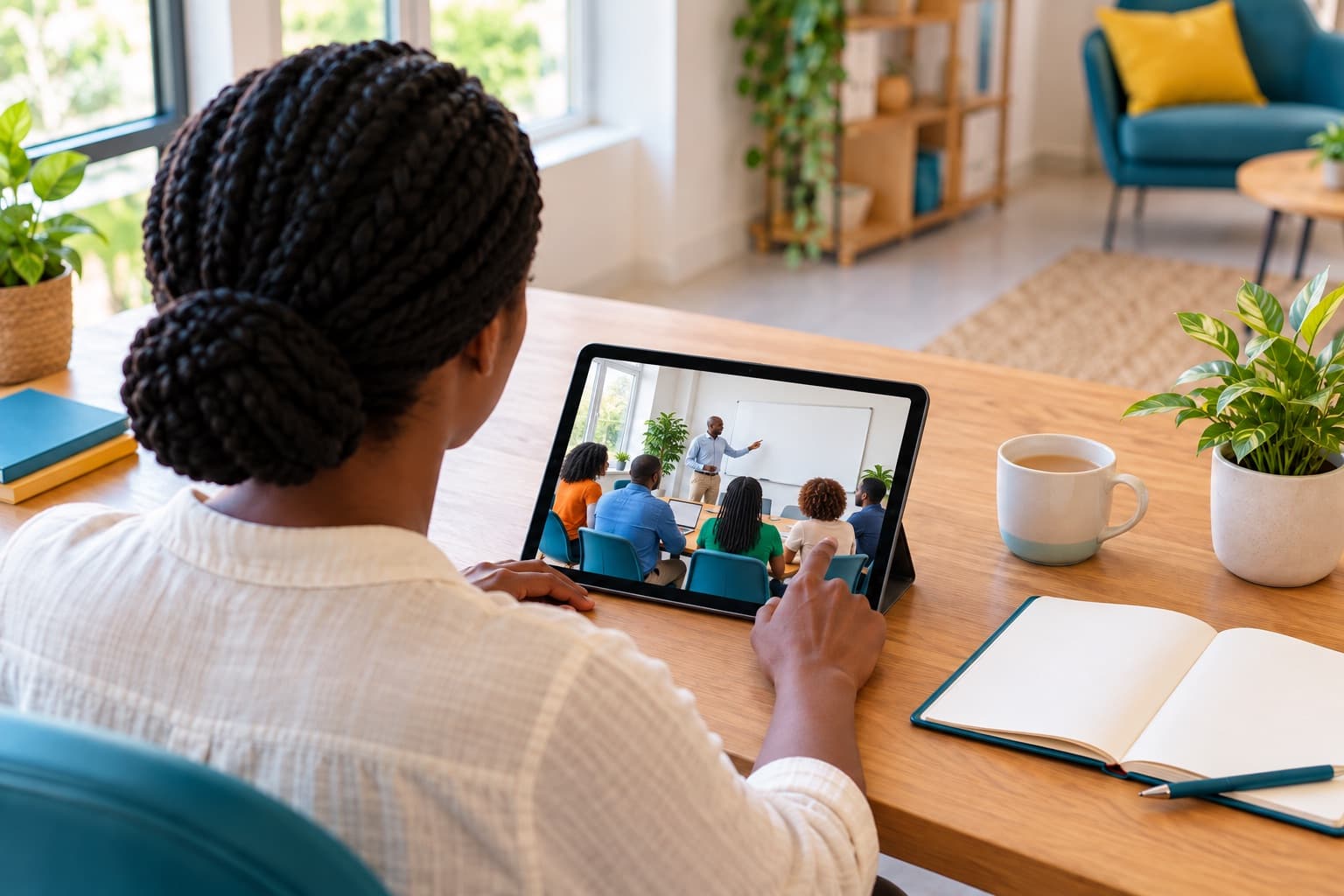 Une personne, vue de dos, suit un cours en visioconférence sur une tablette posée sur un bureau, avec un carnet et une tasse.