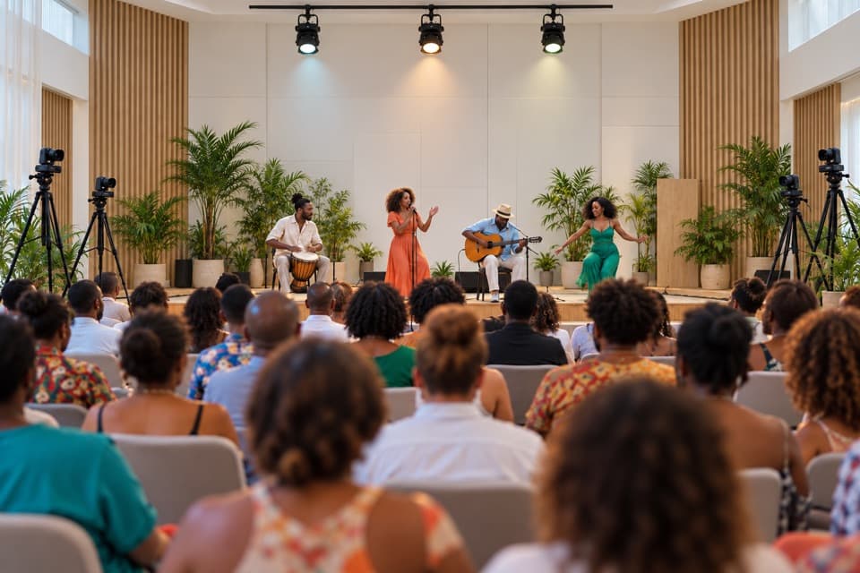Un concert sur scène sous trois projecteurs, avec une chanteuse, un percussionniste et un guitariste, filmés par quatre caméras sur trépied, devant un public.