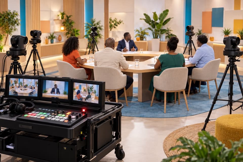 Un plateau d’émission autour d’une grande table ronde, filmé par plusieurs caméras sur trépied, avec une régie mobile au premier plan : un mélangeur et trois écrans.