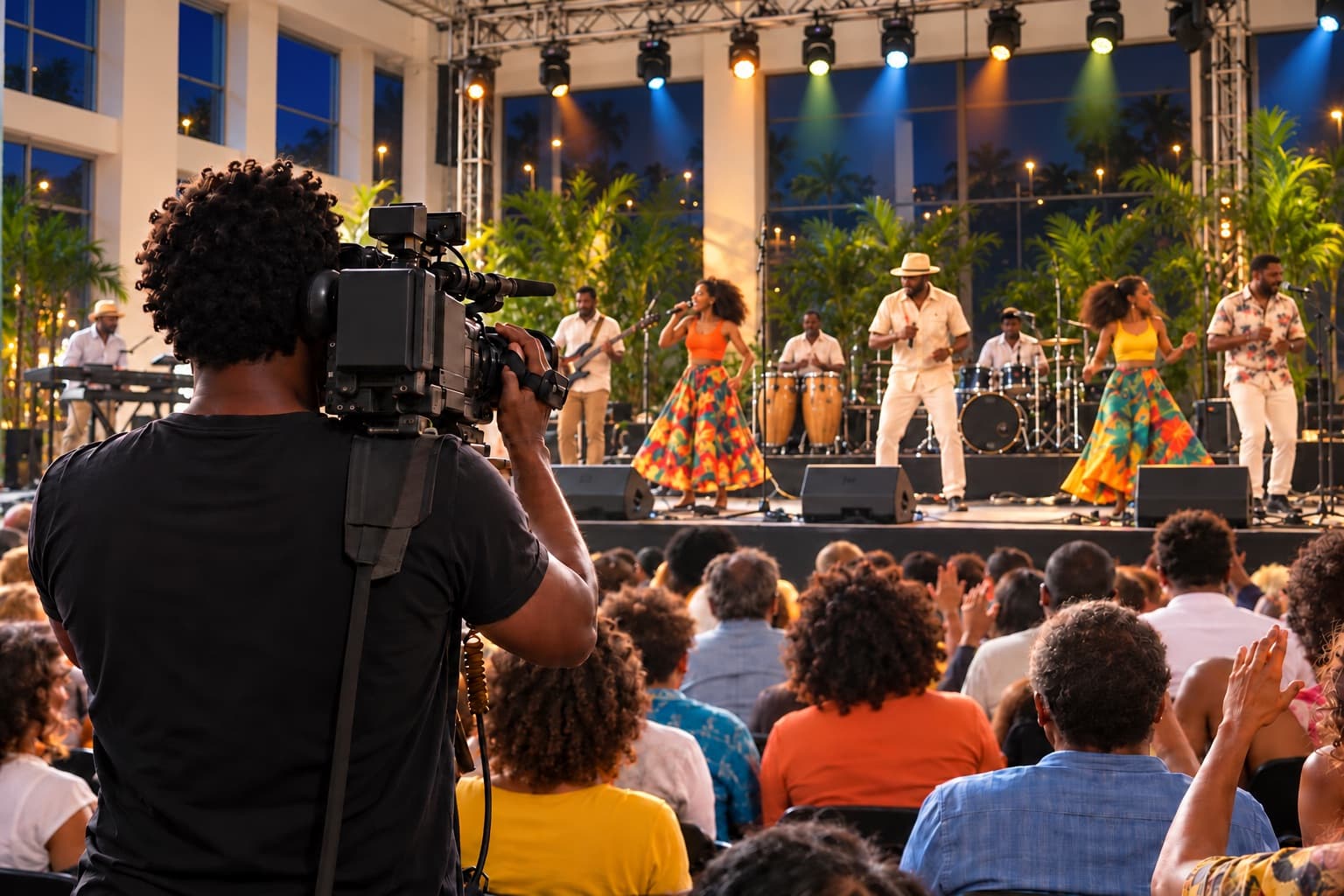 Un cadreur filme avec une caméra à l’épaule un concert sur scène, devant un public, sous les projecteurs.