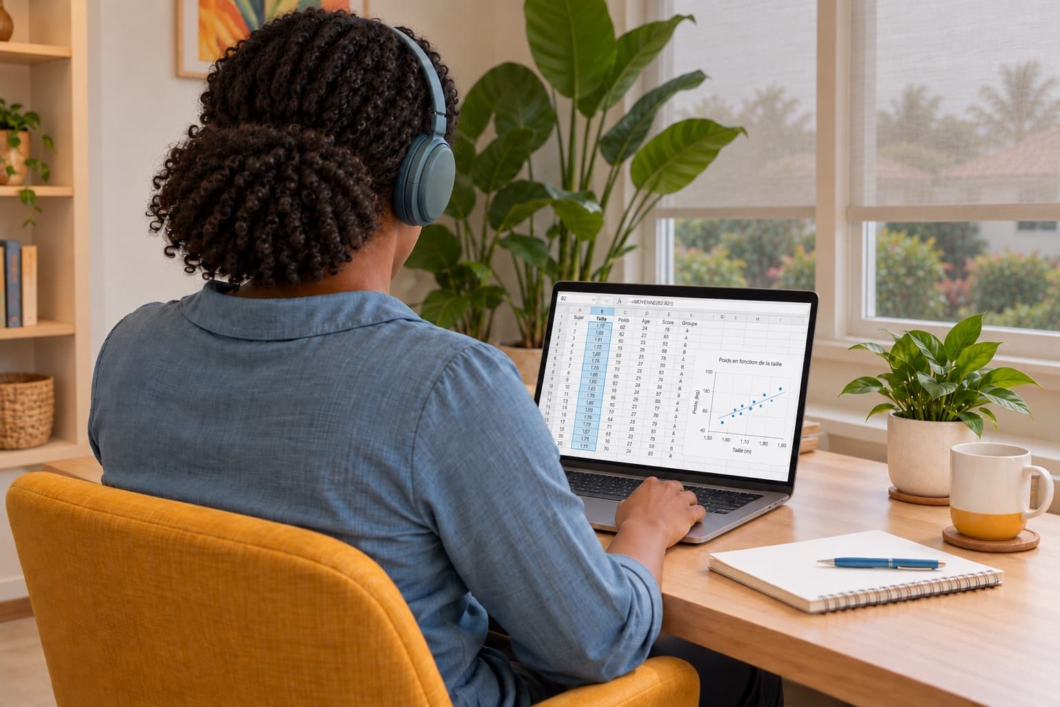 Une personne avec un casque audio suit une formation en ligne sur un ordinateur portable, à un bureau près d’une fenêtre, avec un carnet et une tasse.