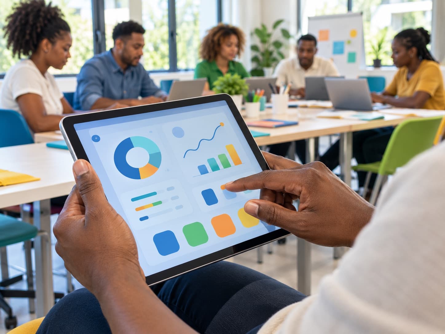 Les mains d’une personne utilisent une tablette qui affiche des graphiques, pendant un atelier pratique avec un groupe de stagiaires en arrière-plan.