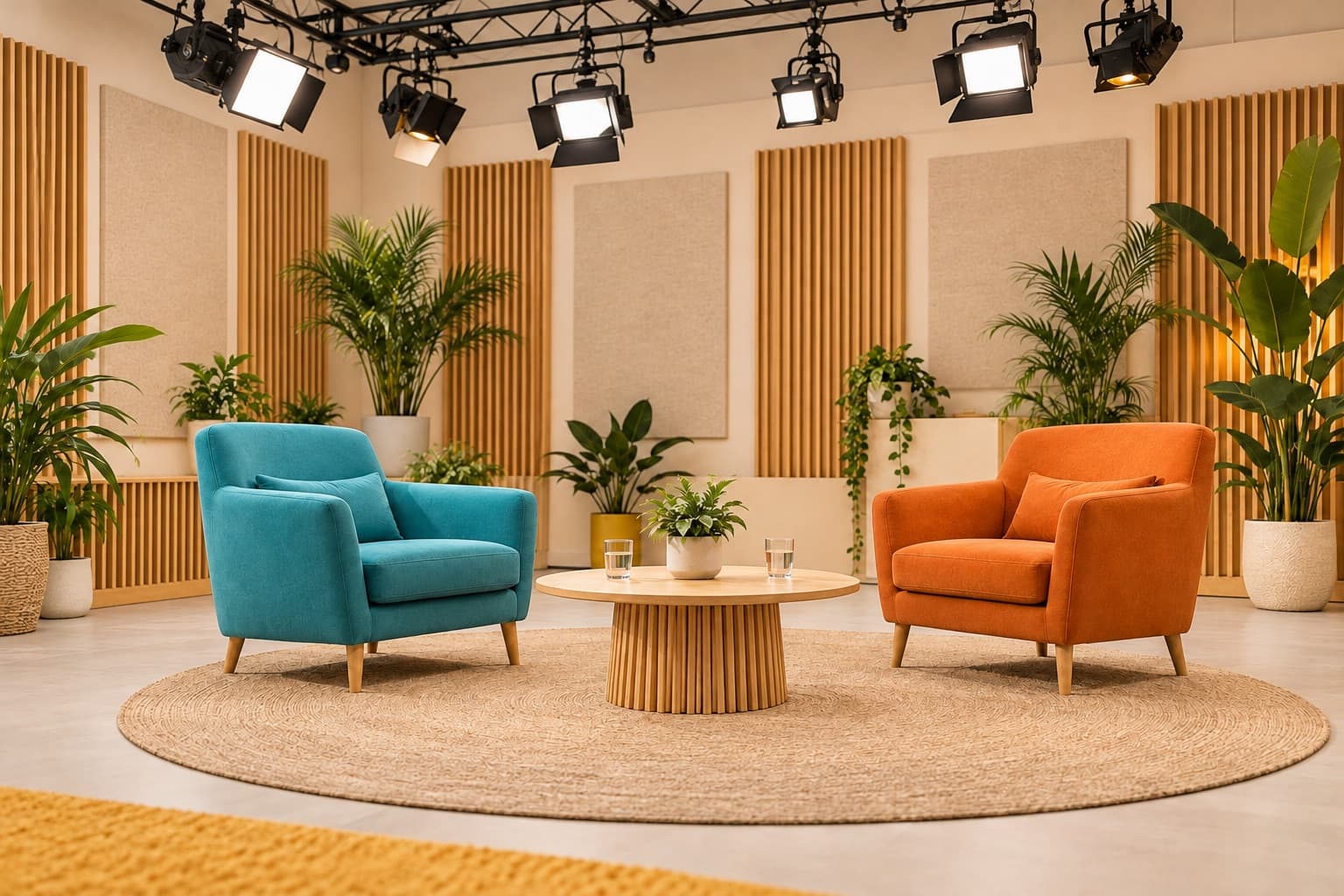 Un plateau de télévision vide : deux fauteuils face à face autour d’une table basse, entourés de plantes et de projecteurs.