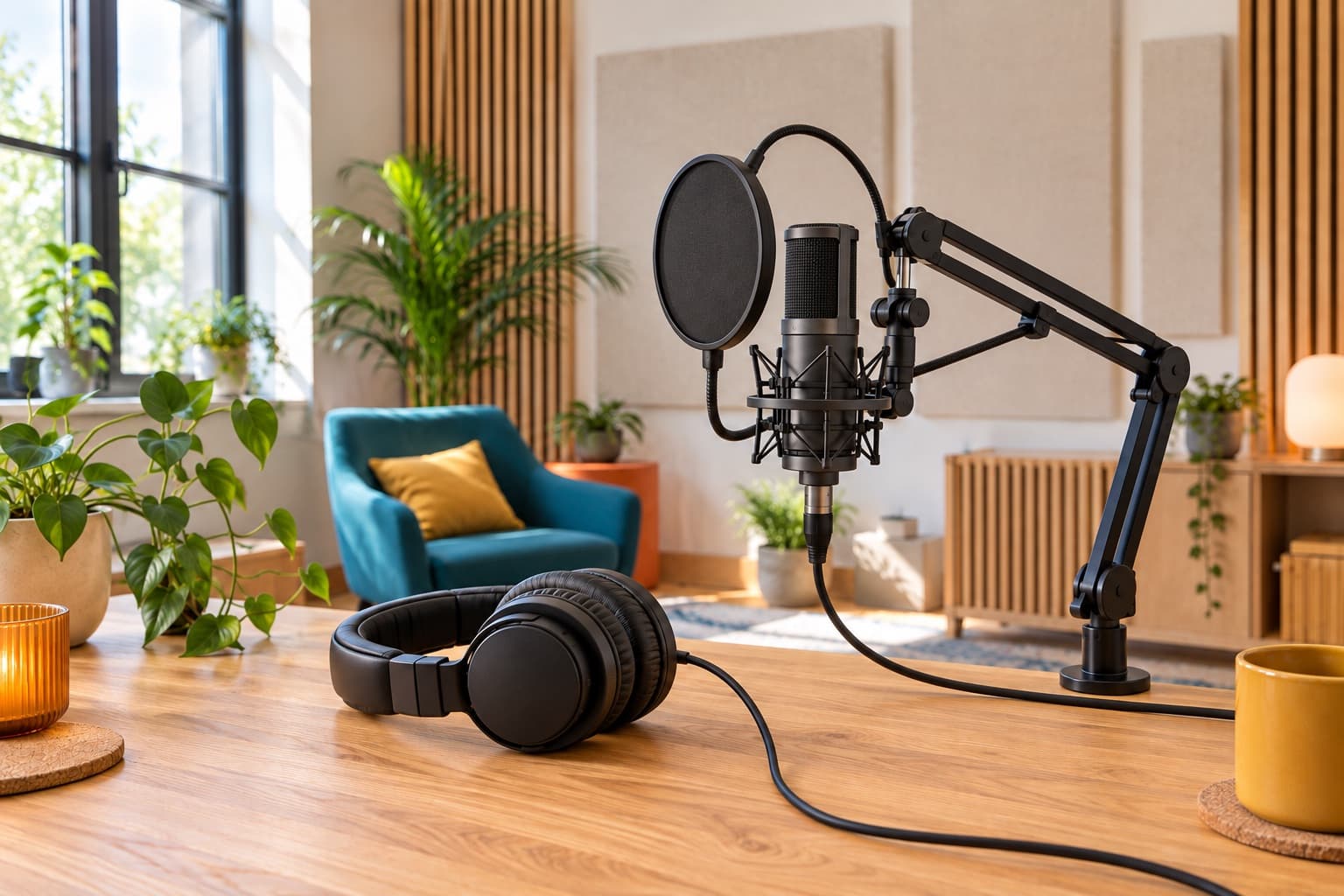 Un micro de studio sur bras articulé et un casque audio posés sur une table, dans un petit studio de podcast lumineux avec des plantes.